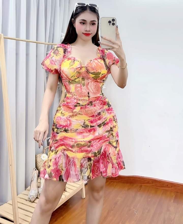 Tropical Getaway Yellow & Pink Floral Chiffon Dress Mini Smocked Back with Puff Sleeve